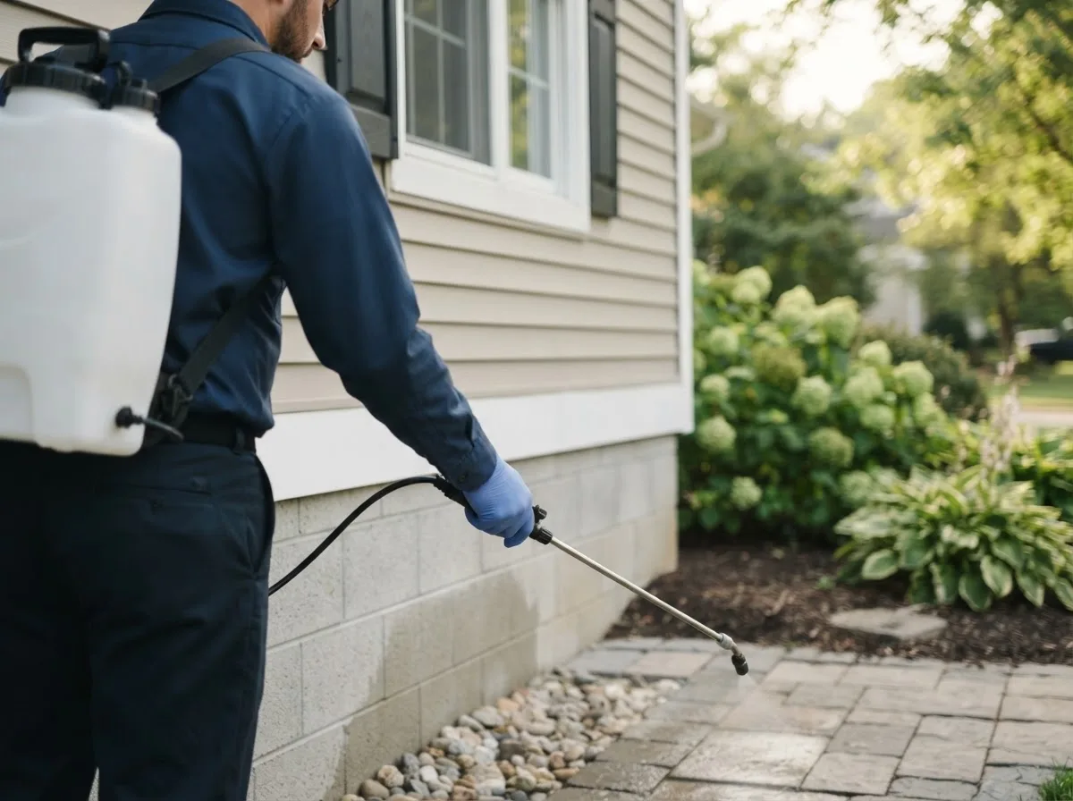 Pest control technician inspecting a home in Union City, OK